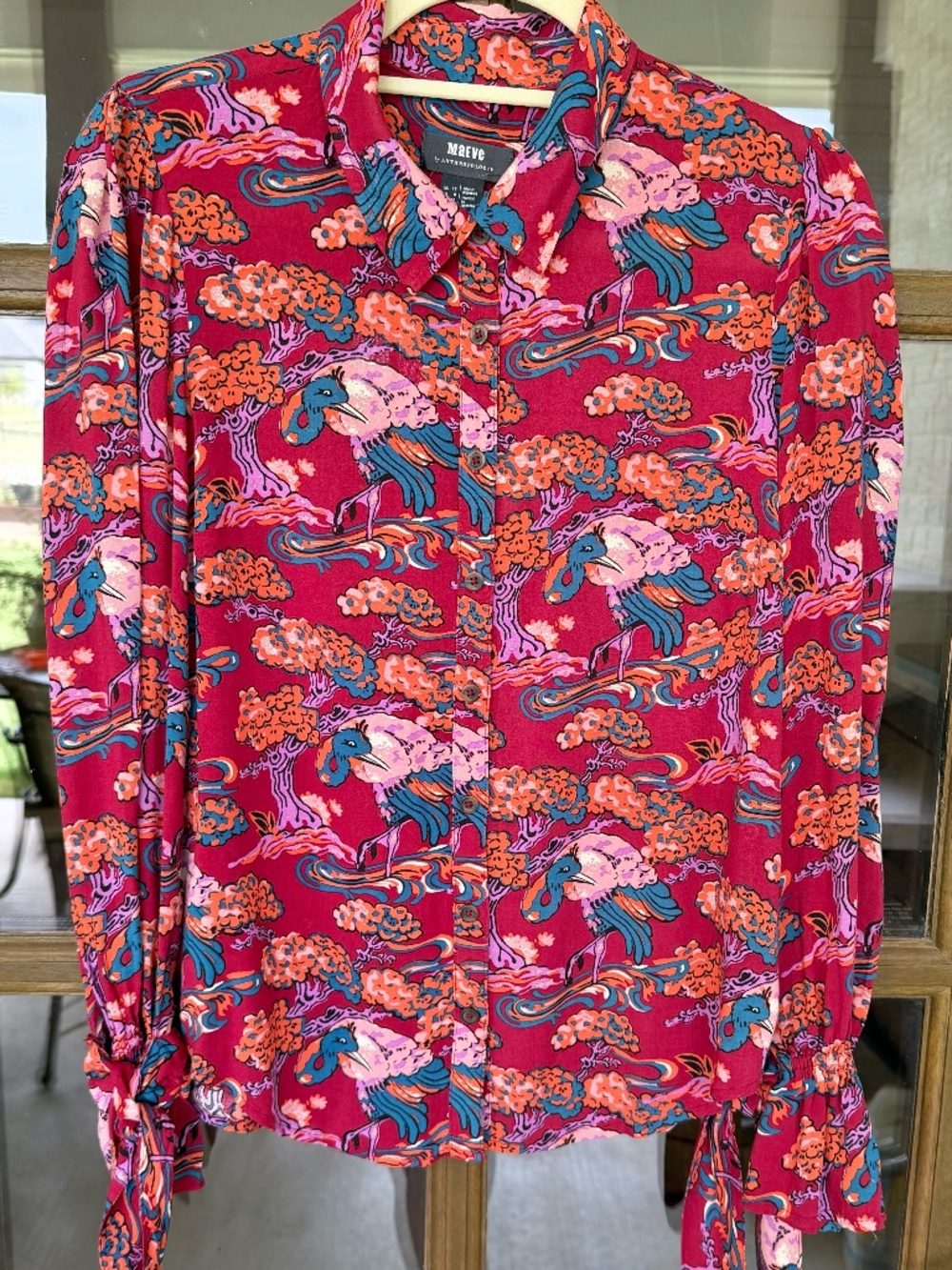 Anthropologie Maeve Darla Button Down Shirt Bonsai Tree Ostrich Printed Size 8